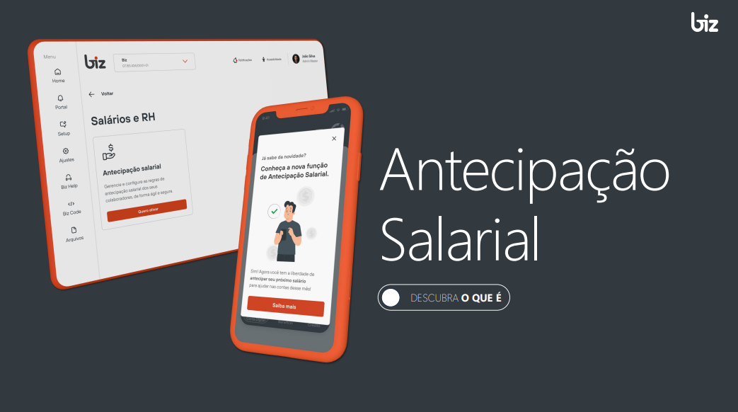 imagem sobre fundo cinza contendo duas telas, sendo uma com a tela de celular e outra uma tela maior com símbolos da empresa Biz.