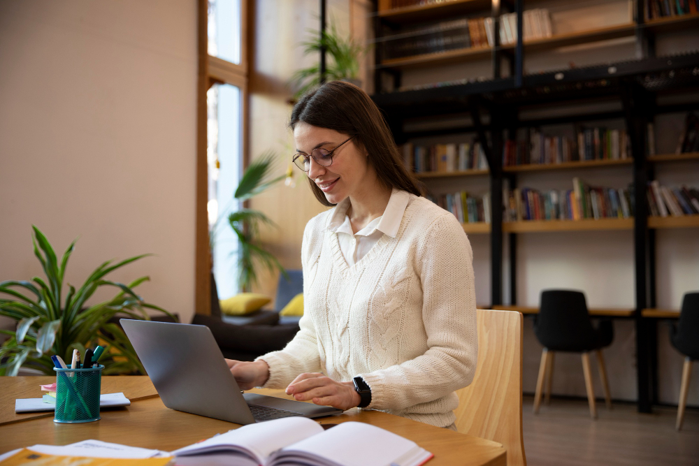 Mulher trabalhando em laptop em ambiente aconchegante com estante de livros ao fundo, sorrindo enquanto digita em uma mesa com cadernos e plantas decorativas