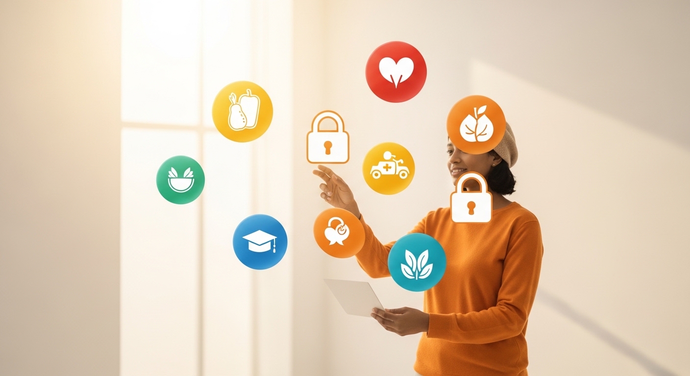 Colaboradores diversos escolhendo benefícios corporativos hiperpersonalizados através de ícones flutuantes, representando alimentação, saúde, mobilidade, educação e bem-estar