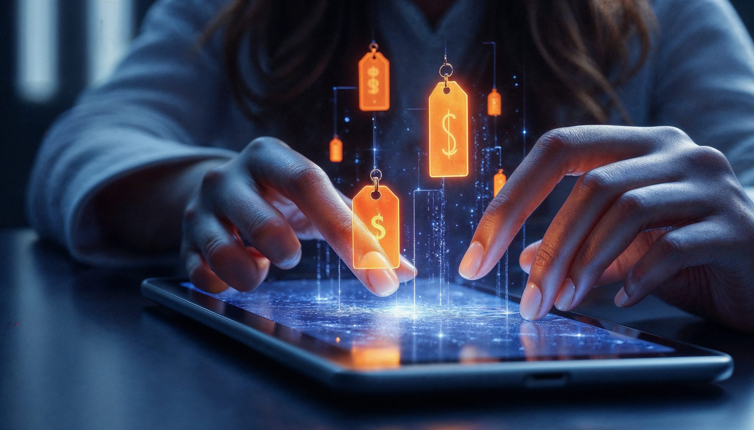 tablet com tela saindo símbolos de etiquetas com cifrao