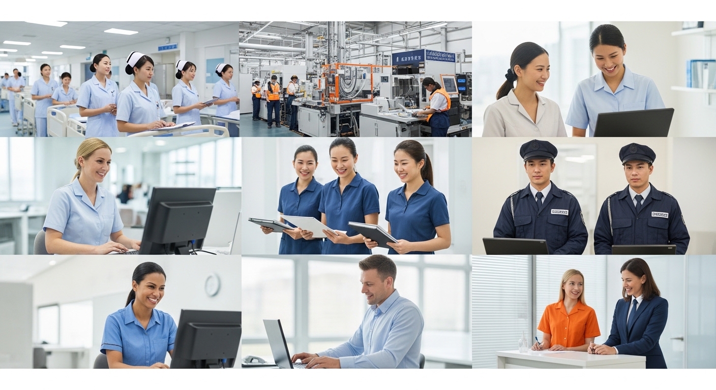Montagem de trabalhadores diversos em diferentes setores presenciais cumprindo escala 12x36, mostrando eficiência, bem-estar e colaboração