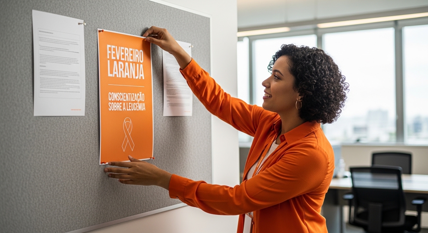 Fevereiro Laranja com colaborador colocando cartaz de conscientização