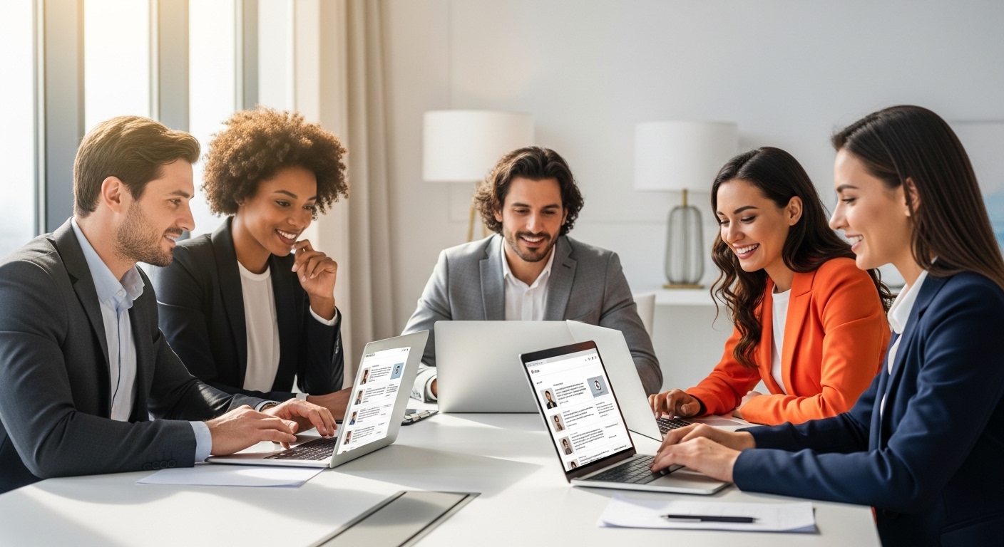 melhores sites para divulgar vagas de emprego sendo analisados por equipe de RH em ambiente corporativo